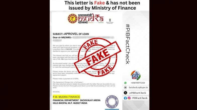 Ministry of Finance Is Granting Loan of INR 5 Lakh Under the PM Mudra Yojana on Paying INR 2,100? PIB Fact Check Debunks Fake Viral Message