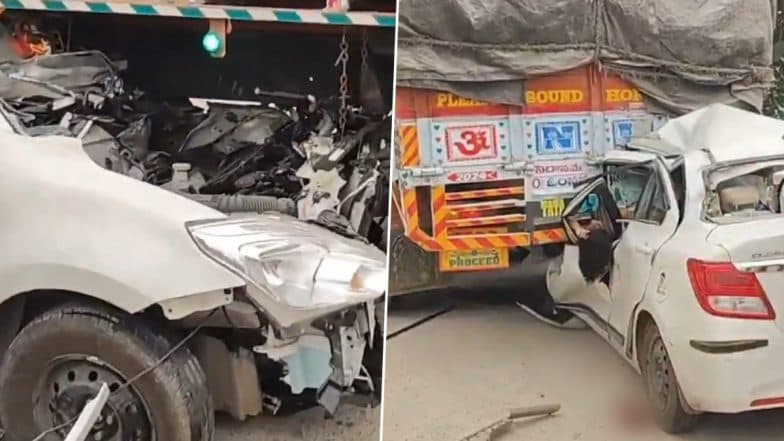 Telangana Road Accident: 2 Killed, 2 Others Injured As Speeding Car Rams Into Lorry on Warangal-Hyderabad Highway; Disturbing Videos Surface