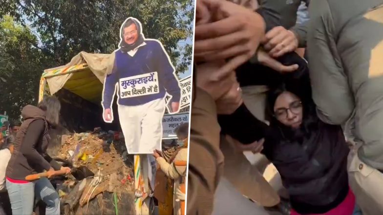 Swati Maliwal Protests Against AAP Chief Arvind Kejriwal, Dumps Garbage Outside Residence (Watch Video)