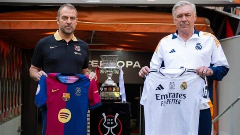 Real Madrid vs Barcelona Spanish Super Cup 2025 Final: Coaches Hansi Flick and Carlo Ancelotti Pose with Trophy Ahead of El Clasico Fixture (See Pic)