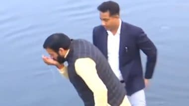 Yamuna 'Poisoning' Claim: Amid Controversy Over Yamuna River, Haryana CM Nayab Singh Saini Sips Water From River; Escalates Attack on AAP Leader Arvind Kejriwal for Spreading 'Lies' (Watch Video)