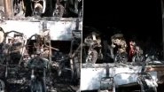 EV Showroom Fire in Bengaluru: Major Blaze Erupts at Okinawa Electric Bike Showroom in Rajajinagar, Video Shows Several Bikes on Display Gutted in Flames
