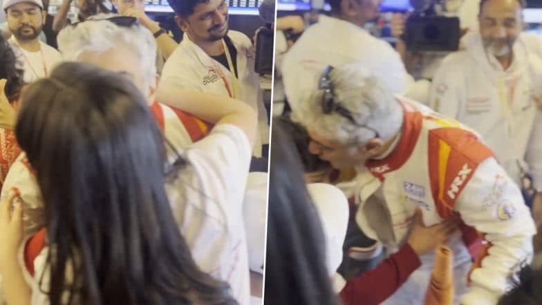 Ajith Kumar Kisses Wife Shalini While Celebrating His No.3 Spot in Dubai 24H 2025 Race (Watch Viral Video)