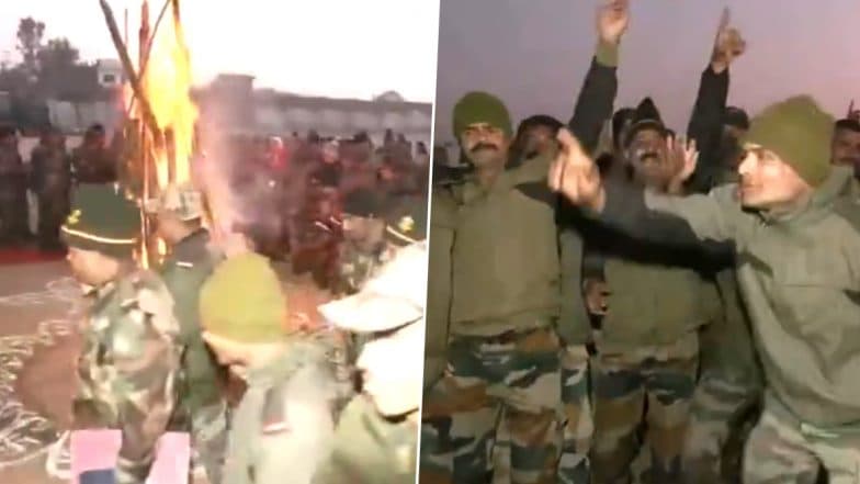 Lohri 2025: Indian Army Jawans Dance in Joy While Celebrating Lohri Near International Border in Jammu and Kashmir’s RS Pura (Watch Video)