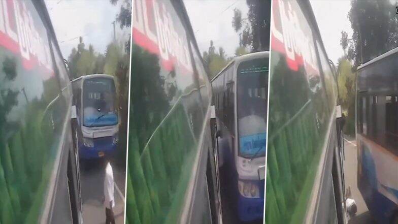 Miraculous Escape: Man Narrowly Escapes Death After Getting Caught Between Two Speeding Buses in Tamil Nadu’s Thanjavur, Terrifying Video Surfaces
