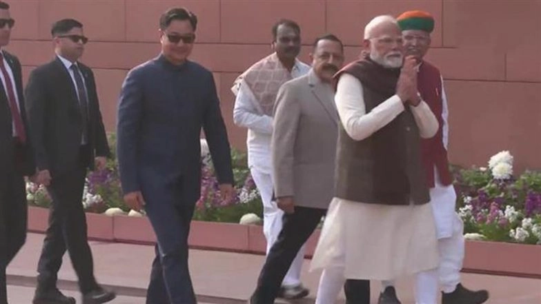 PM Modi, Lok Sabha Speaker Om Birla Arrive in Parliament Ahead of Budget Session 2025