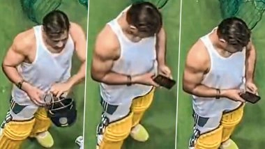 Super RARE! MS Dhoni Seen Using Mobile Phone During Net Session Ahead of IPL 2025 (Watch Video)