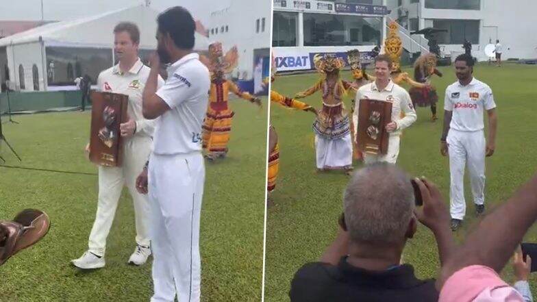 Steve Smith, Dhananjaya de Silva Receive Grand Traditional Welcome During Photoshoot With Warne-Muralitharan Trophy Ahead of SL vs AUS 1st Test 2025 (Watch Video)