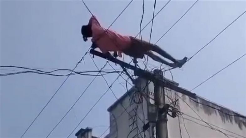 Andhra Pradesh: Alert Locals Turn Off Transformer After Drunk Man Climbs High Tension Electric Pole and Lies Down on Wires in Parvathipuram Manyam (Watch Video)