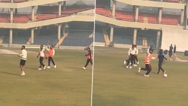 Virat Kohli Showcases His Football Skills Ahead Of Delhi vs Railways Ranji Trophy 2024-25 Match, Star India Cricketer Seen Playing Soccer With Teammates At Arun Jaitley Stadium (Watch Video)