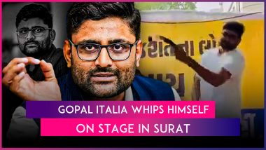 Gopal Italia Flogging: AAP Leader Pulls Out Belt, Flogs Himself on Stage for ‘Failing To Ensure Justice’ in BJP-Ruled Gujarat