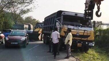 Chengalpattu Road Accident: Overloaded Truck of Private Quarry Meets With Accident After Losing Control and Colliding With Another Truck Near Sothupakkam Flyover (Watch Video)