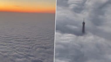 Eiffel Tower Piercing Through Blanket of Low Overcast Cloud Over Paris Gets Beautifully Captured in Viral Instagram Reel (Watch Video)