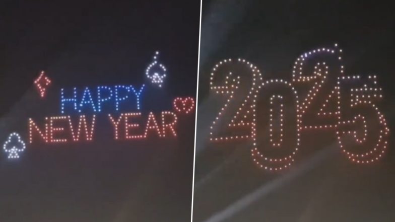 New Year 2025 Celebrations in Goa: Stunning Drone Show Illuminates the Night Sky Over the Mandovi River as Part of the Festivities (Watch Video)