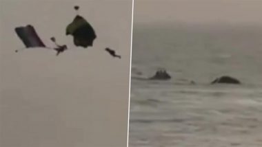 Visakhapatnam: Narrow Escape For Navy Officers After Parachutes Entangle During Descent At Rama Krishna Beach; Video Surfaces