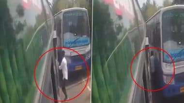 Tamil Nadu: Narrow Escape for Man As He Miraculously Survives After Being Trapped Between 2 Moving Buses, Viral Video Surfaces