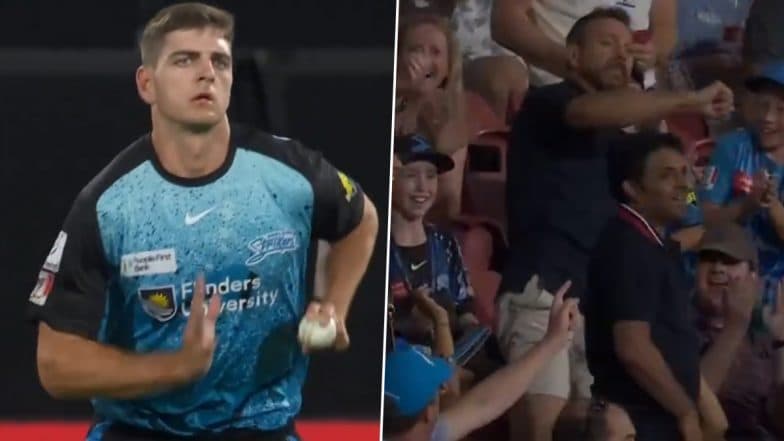 Rare! Liam Haskett Gets Hit for a Six, His Father Takes Catch in the Stands at Adelaide Oval During Adelaide Strikers vs Brisbane Heat Match in BBL 2024-25 (Watch Video)