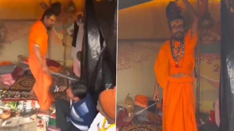 YouTuber Thrashed by Mahakal Giri Baba at Maha Kumbh 2025: Angry Over 'Useless' Questions, Hatha Yogi Baba Beats Up Interviewer With 'Chimta', Video Goes Viral