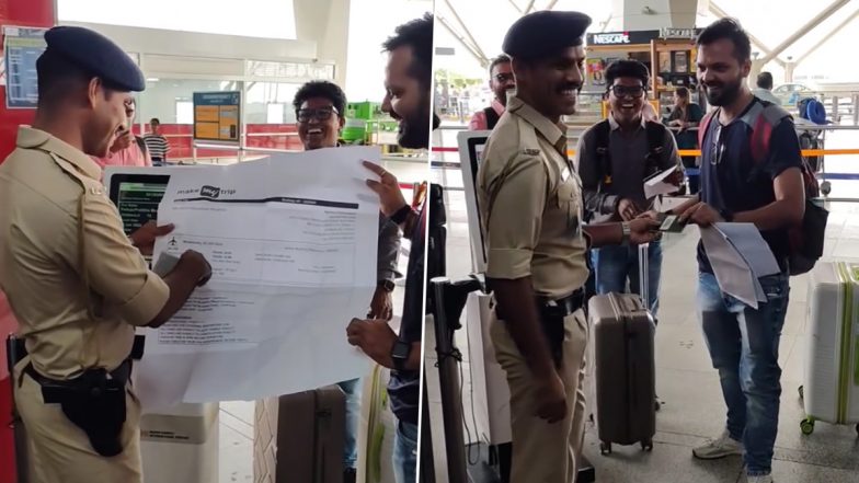 Man Presents Giant Poster-Size Boarding Pass to Amused Security Officer at Airport Entrance, Video of the Prank Goes Viral Online (Watch)