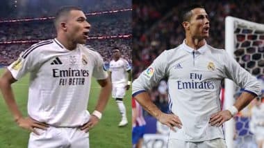 Kylian Mbappe Imitates Cristiano Ronaldo’s Celebration After Scoring Opening Goal During Real Madrid vs FC Barcelona Spanish Super Cup 2025 Final El Clasico (See Pics)