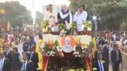 PM Narendra Modi Holds Roadshow in Visakhapatnam; Andhra Pradesh CM N Chandrababu Naidu and Deputy CM Pawan Kalyan Also Present (Watch Video)