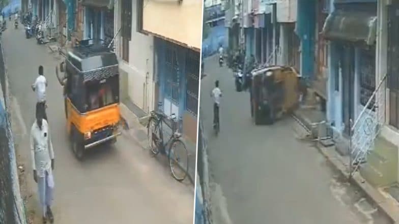 Instant Karma! Autorickshaw Topples After Reckless Driver Attempts To Hit Boy Riding Bicycle, Video From Kadayanallur Goes Viral (Watch)