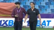 Harbhajan Singh and Shoaib Akhtar Share Light-Hearted Moment on Field During Sharjah Warriorz vs Abu Dhabi Knight Riders ILT20 2025 Match (Watch Video)