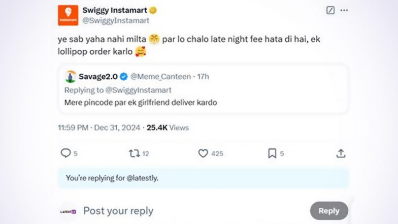 'Ye Sab Yaha Nahi Milta': Swiggy Instamart Trolls X User After He Asks Grocery Delivery Platform To Deliver Girlfriend to His House on New Year's Eve (See Viral Post)