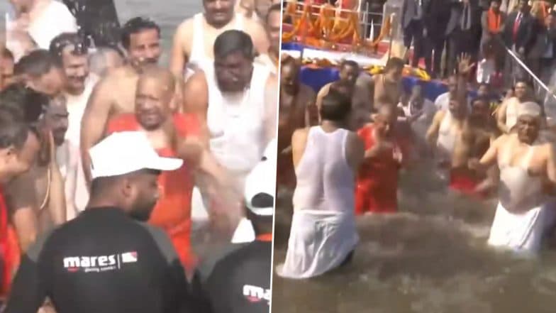 Maha Kumbh 2025: Uttar Pradesh CM Yogi Adityanath and Other Cabinet Ministers Take Holy Dip in Triveni Sangam Amid Mahakumbh Mela (Watch Video)