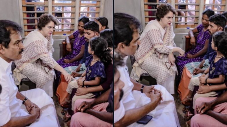 Congress MP Priyanka Gandhi Visits Family of Tiger Attack Victim in Wayanad; CPI Waves Black Flags (See Pics and Videos)