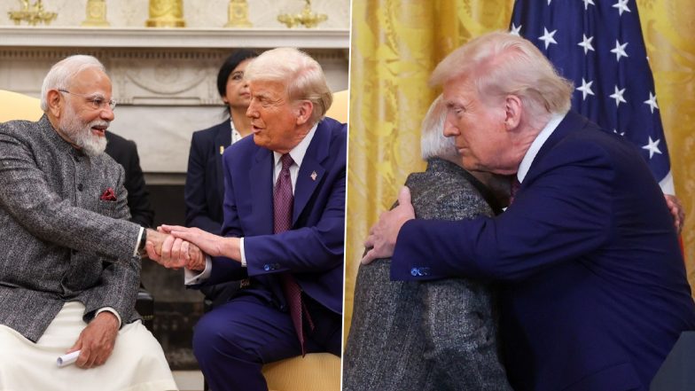 PM Narendra Modi, Donald Trump Share Warm Hug as US President Welcomes Indian Prime Minister at White House (Watch Video)