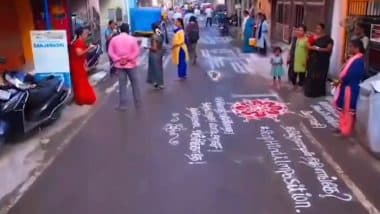 ‘Welcome Tamil Language’: Tamil Nadu Residents Protest Against Central Government’s Hindi Imposition With Rangoli (Watch Video)