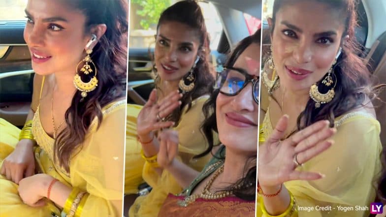 Priyanka Chopra Dazzles in Primrose Yellow Saree at Brother Siddharth Chopra’s Wedding Festivities, ‘Saas’ Denise Jonas Rocks Desi Look (Watch Video & Pics)