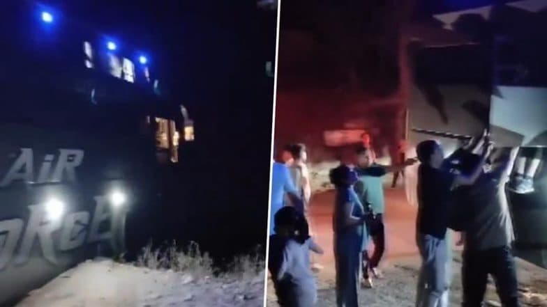 Madhya Pradesh: Passengers Escape Through Emergency Exit as Bus Falls into Ditch in Panna on Way to Maha Kumbh Mela 2025 in UP's Prayagraj (Watch Video)