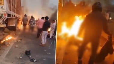 Bulandshahr Road Accident: Bike Catches Fire After Truck Collision, Rider in Critical Condition (Watch Video)