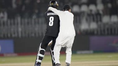 Security Breach at Rawalpindi Cricket Stadium! Intruder Hugs Rachin Ravindra During Bangladesh vs New Zealand ICC Champions Trophy 2025 Match (Watch Video)