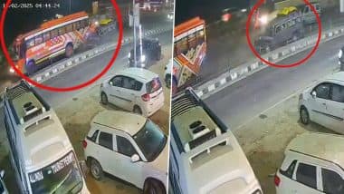 Accident Caught on Camera in Fatehpur: Car Returning from Maha Kumbh Rams Into Parked Bus, 1 Dead, 6 Injured (Watch Video)