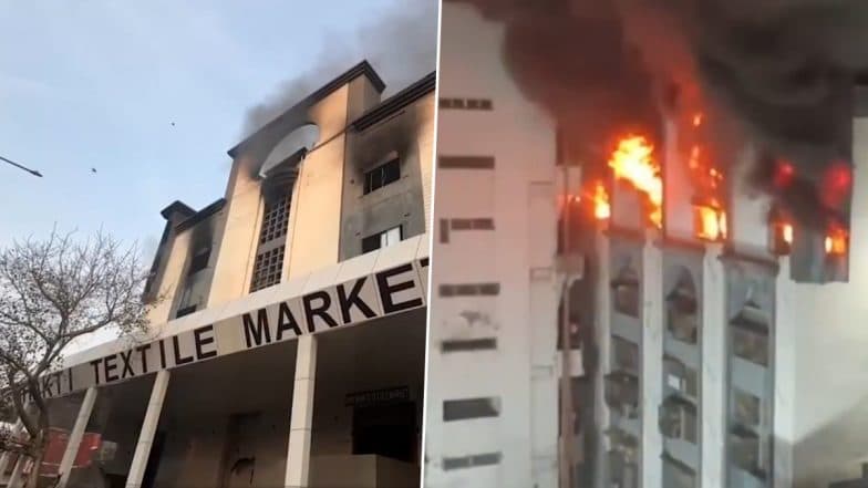 Surat Fire News Update: 24 Hours On, Firefighting Operations Continue To Douse Blaze at Shiv Shakti Textile Market, 50% Stores Gutted (Watch Videos)