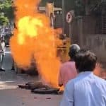 Mumbai: Gas Pipeline Bursts During Road Excavation Near Almeida Park in Bandra, Causes Blaze; Fire Tenders Rushed To Spot (Watch Video)