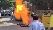 Mumbai: Gas Pipeline Bursts During Road Excavation Near Almeida Park in Bandra, Causes Blaze; Fire Tenders Rushed To Spot (Watch Video)