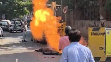 Mumbai: Gas Pipeline Bursts During Road Excavation Near Almeida Park in Bandra, Causes Blaze; Fire Tenders Rushed To Spot (Watch Video)