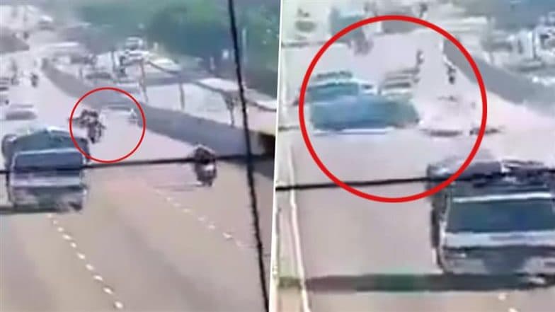 Accident on Delhi-Meerut Expressway: Car Driving on Wrong Side Hits Motorcycle, Causes Multiple Collisions; Video Surfaces