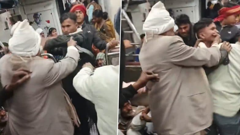 Brawl Inside Train: Fight Over Seat Turns Violent in Kumbh Mela Special Train, Viral Video Shows Man Being Kicked and Punched