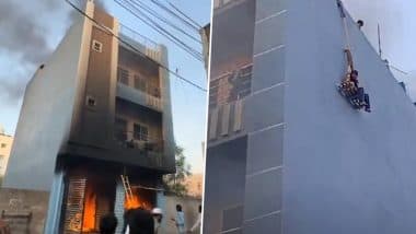 Puppalaguda Fire: 3 Killed, 5 Injured After Major Blaze Erupts in Residential Building in Telangana, Video Shows Locals Rescuing Trapped Children With Ropes (Watch Video)