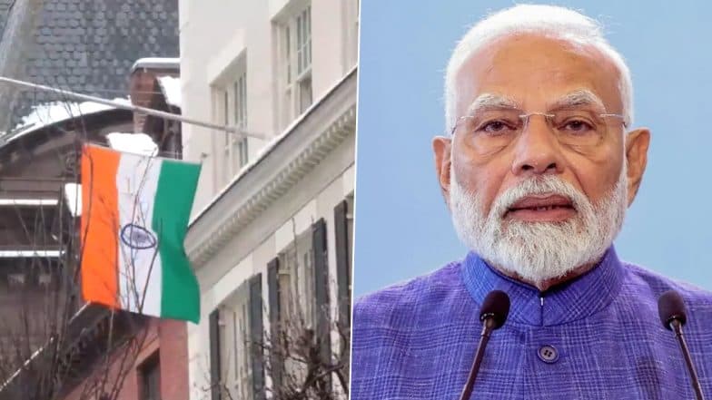 PM Modi US Visit: US Flag Replaced With Indian Flag at Blair House Ahead of Prime Minister Narendra Modi's Arrival (Watch Video)