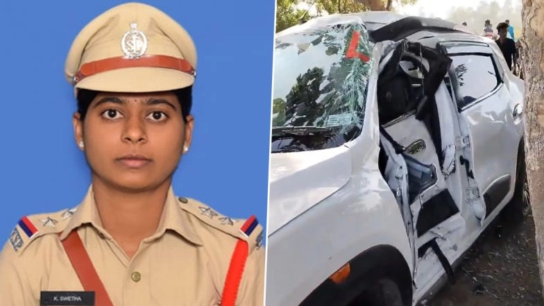 Jagtial Road Accident: Woman Sub-Inspector and Biker Killed After She Loses Control of Her Car and Hits Two-Wheeler Before Crashing Into Roadside Tree in Telangana (Watch Video)