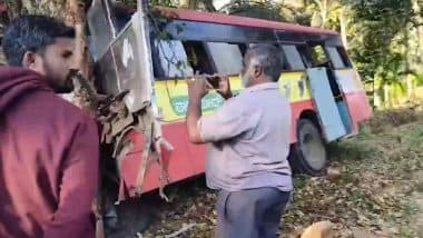 Mandya Road Accident: 5 Injured After State Transport Bus Collides With a Tree in Karnataka, Video Surfaces