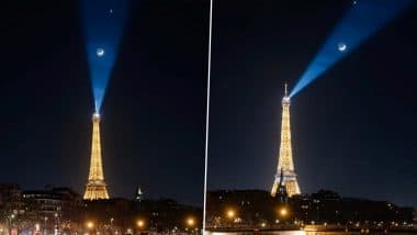 Venus and Moon Conjunction Above Eiffel Tower: Astronomy Photographer Captures Breathtaking Images of Planetary Parade With Saturn Faintly Visible in Paris' Night Sky