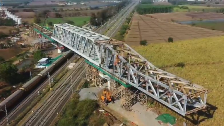 Mumbai-Ahmedabad Bullet Train Project Picks Pace With 100-Metre-Long Steel Bridge Construction in Gujarat’s Surat (Watch Video)