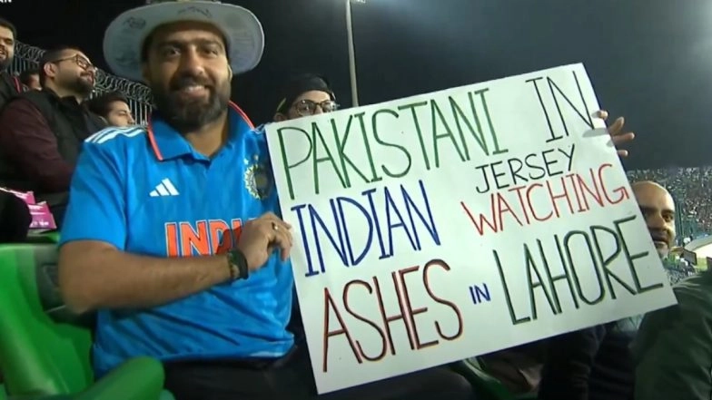 ‘Pakistani in Indian Jersey Watching Ashes in Lahore’ Fan Comes Up With Unique Placard During AUS vs ENG Champions Trophy 2025 Match